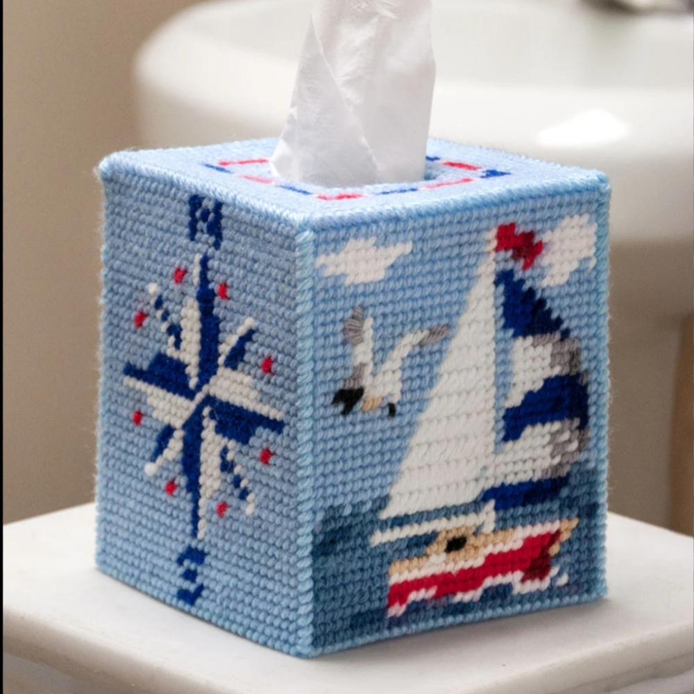 Mary Maxim Set Sail Tissue Box Cover Plastic Canvas Nautical Craft Kit 29266